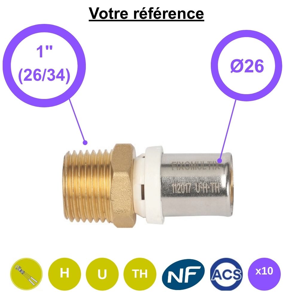 Lot de 10 raccords multicouche droits à sertir Ø26 - mâle 1'' (26/34)