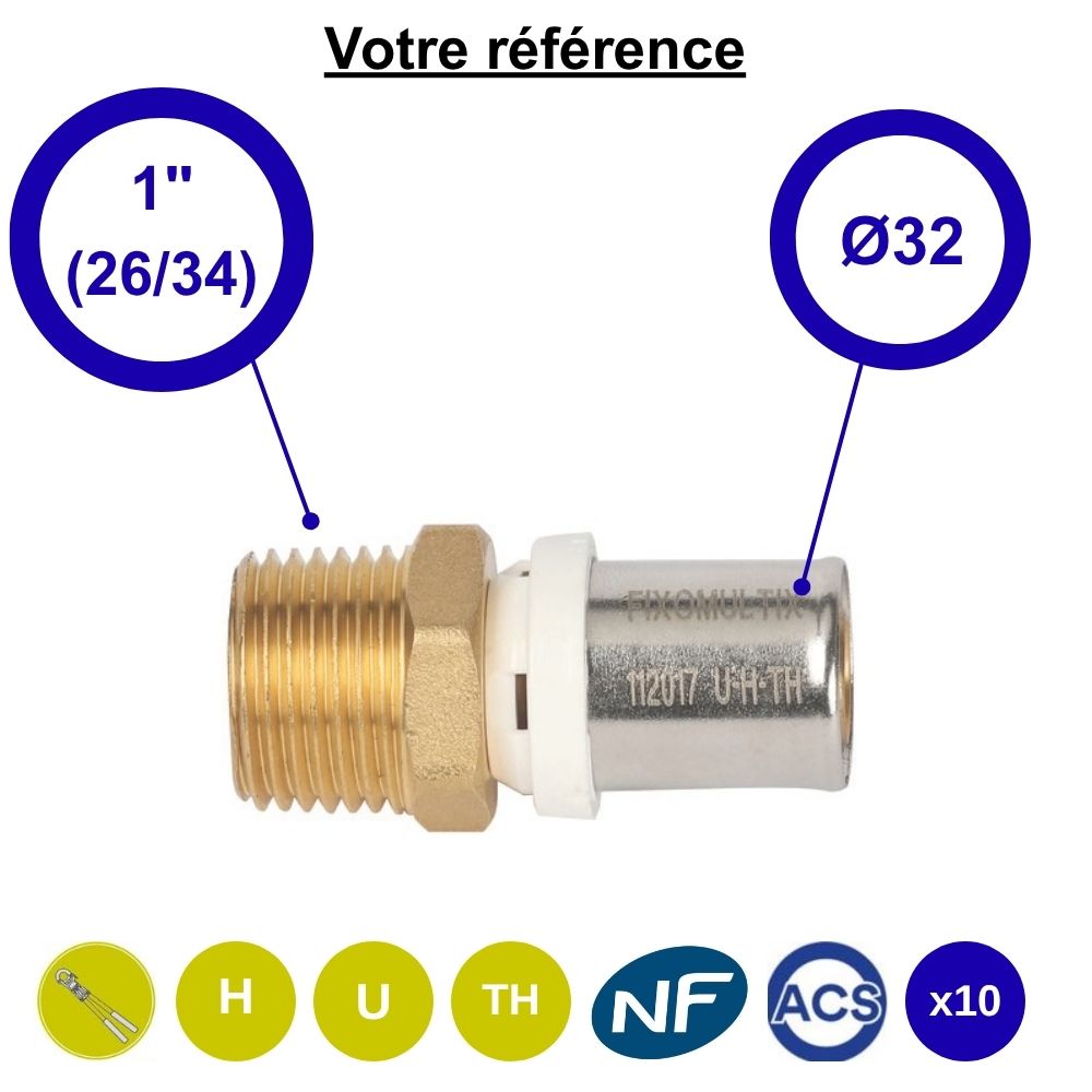 Lot de 10 raccords multicouche droits à sertir Ø32 - mâle 1'' (26/34)