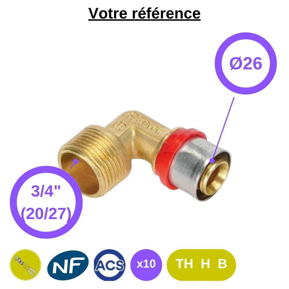 Lot de 10 coudes mâles à sertir multicouche Ø26 - mâle 3/4'' (20/27) - Tiemme