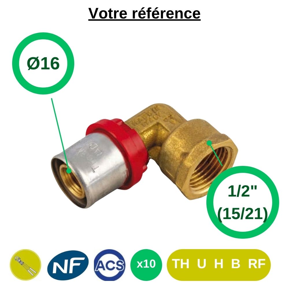 Lot de 10 coudes femelles à sertir multicouche Ø16 - femelle 1/2'' (15/21) - Tiemme