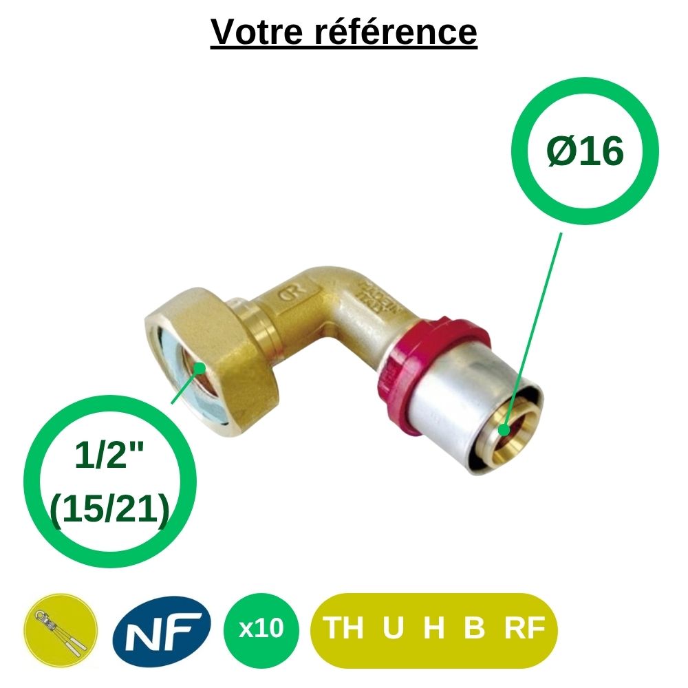 Lot de 10 coudes femelles à sertir multicouche Ø16 - écrou tournant femelle 1/2'' (15/21) - Tiemme