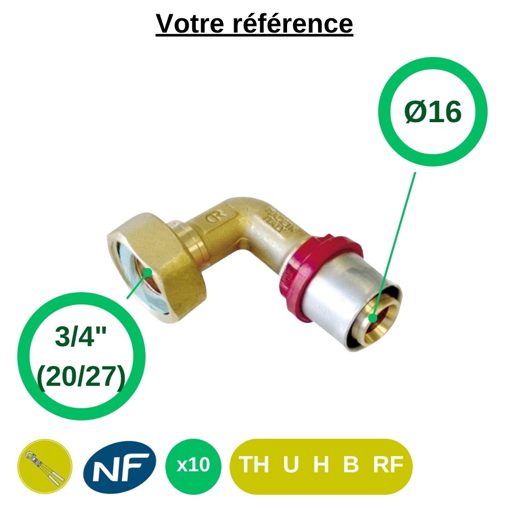 Lot de 10 coudes femelles à sertir multicouche Ø16 - écrou tournant femelle 3/4'' (20/27) - Tiemme