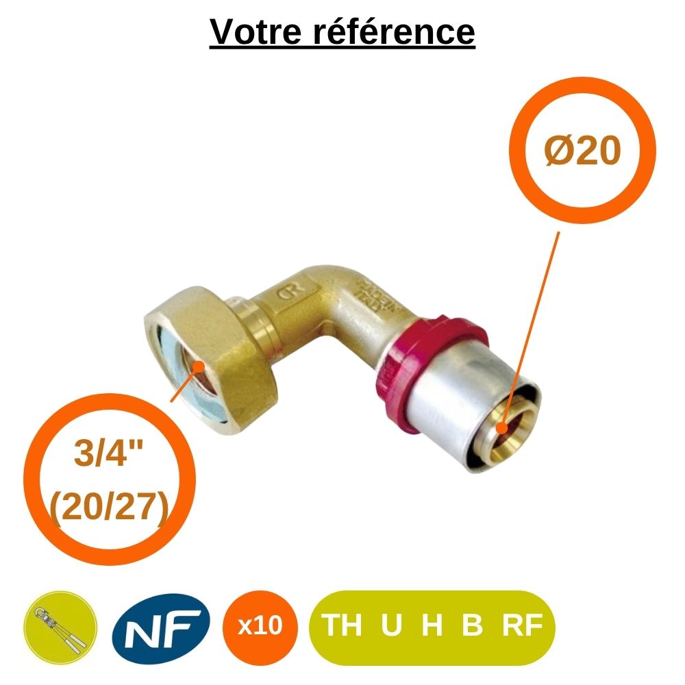 Lot de 10 coudes femelles à sertir multicouche Ø20 - écrou tournant femelle 3/4'' (20/27) - Tiemme