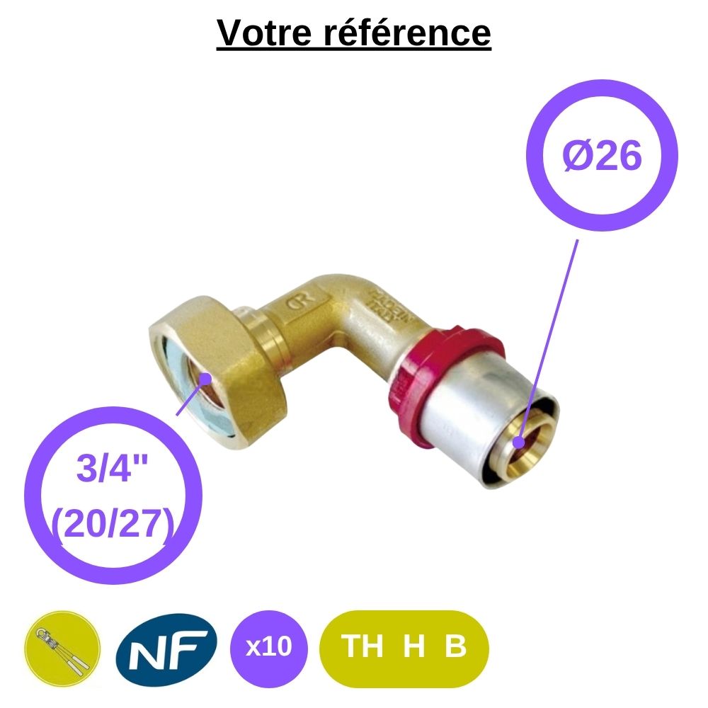 Lot de 10 coudes femelles à sertir multicouche Ø26 - écrou tournant femelle 3/4'' (20/27) - Tiemme