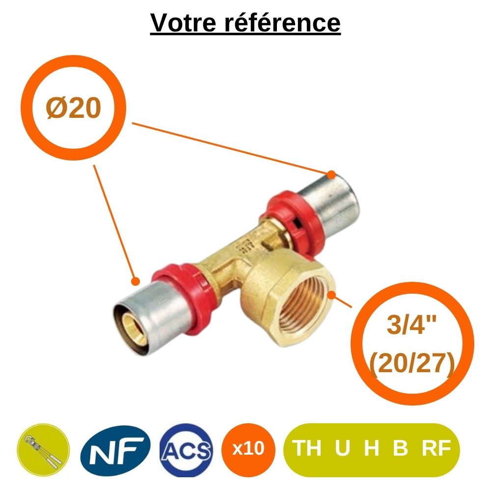 Lot de 10 tés multicouche à sertir Ø20 et centre femelle 3/4'' (20/27) - Tiemme