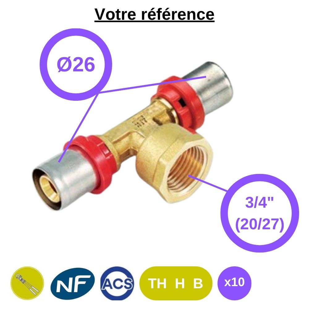 Lot de 10 tés multicouche à sertir Ø26 et centre femelle 3/4'' (20/27) - Tiemme