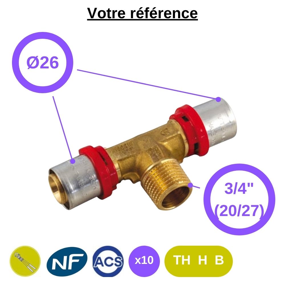 Lot de 10 tés multicouche à sertir Ø26 et centre mâle 3/4'' (20/27) - Tiemme