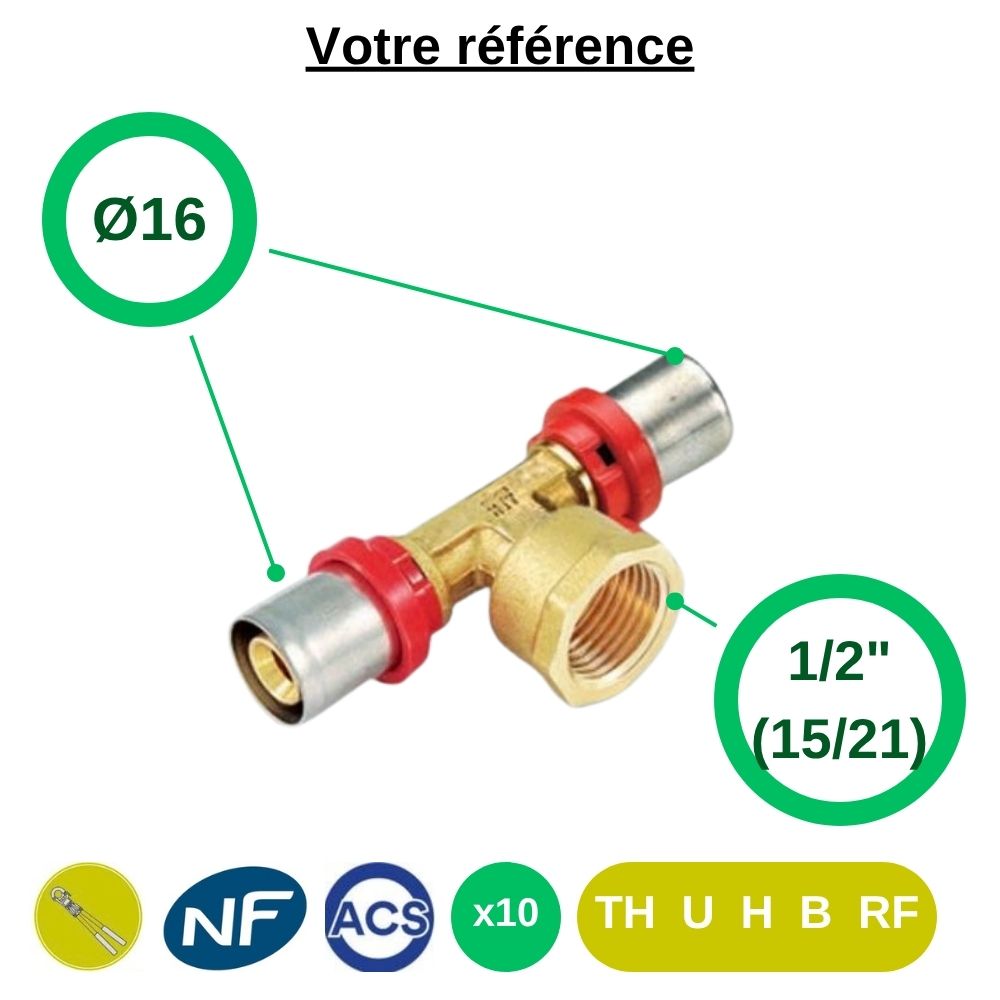 Lot de 10 tés multicouche à sertir Ø16 et centre femelle 1/2'' (15/21) - Tiemme