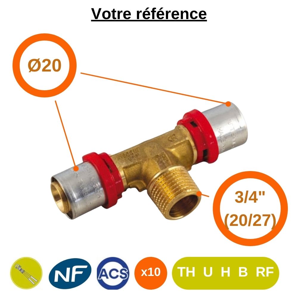 Lot de 10 tés multicouche à sertir Ø20 et centre mâle 3/4'' (20/27) - Tiemme
