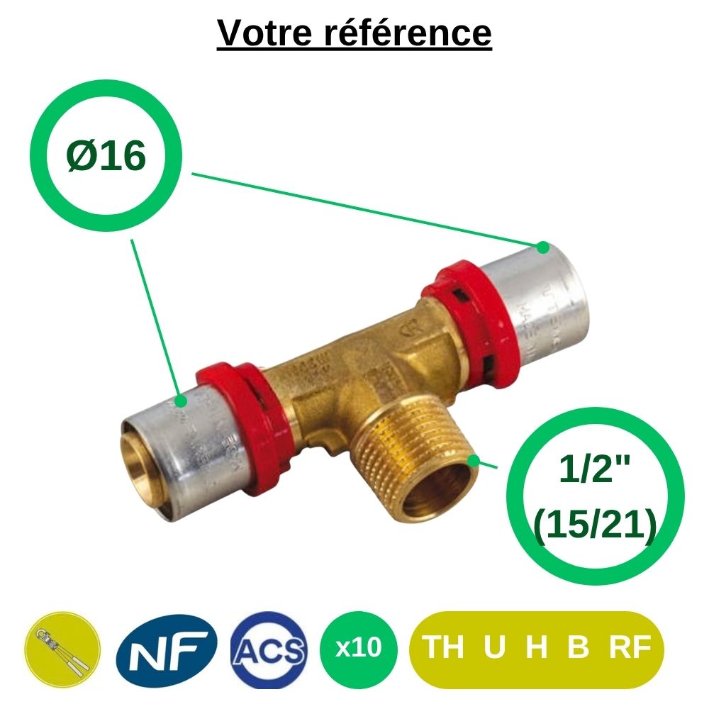 Lot de 10 tés multicouche à sertir Ø16 et centre mâle 1/2'' (15/21) - Tiemme