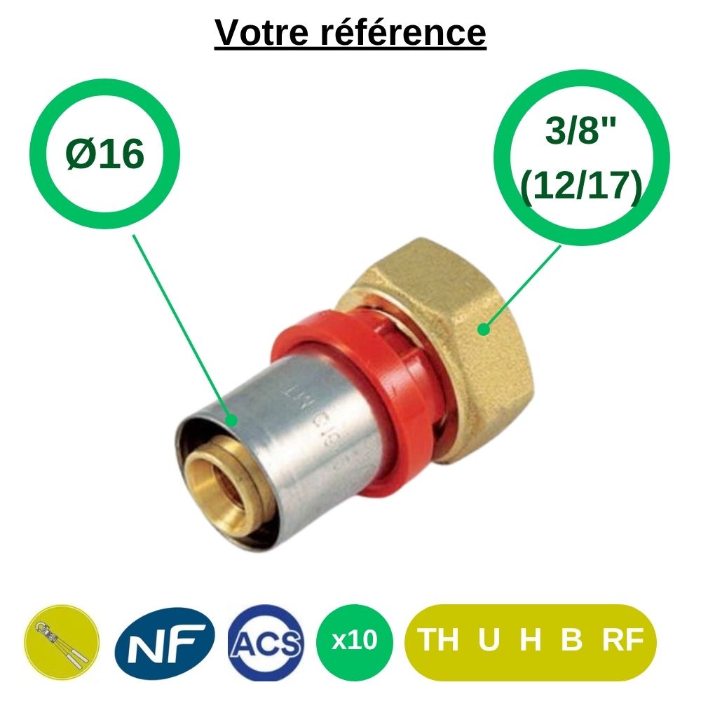 Lot de 10 raccords multicouche droits à sertir Ø16 - écrou tournant femelle 3/8'' (12/17) - Tiemme