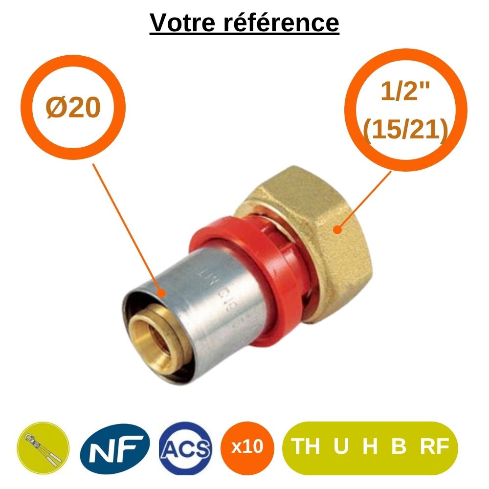 Lot de 10 raccords multicouche droits à sertir Ø20 - écrou tournant femelle 1/2'' (15/21) - Tiemme