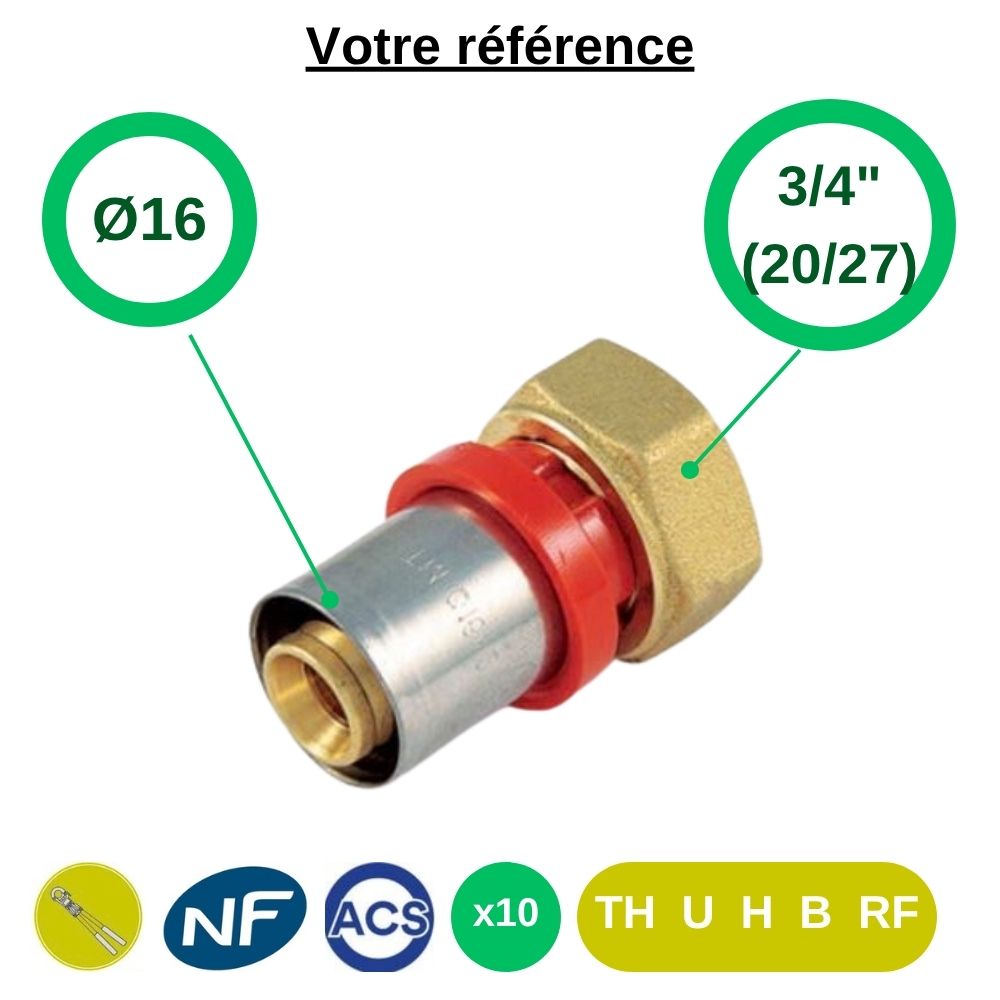 Lot de 10 raccords multicouche droits à sertir Ø16 - écrou tournant femelle 3/4'' (20/27) - Tiemme