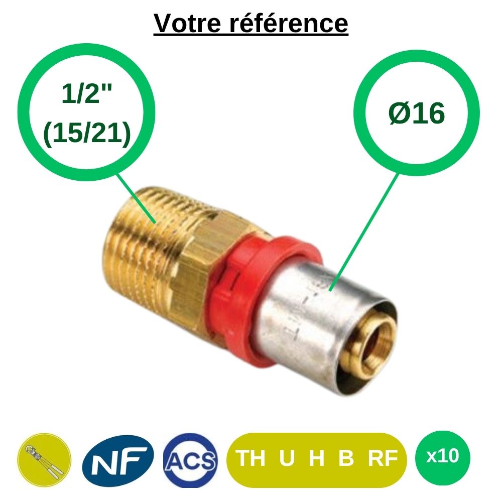 Lot de 10 raccords multicouche droits à sertir Ø16 - mâle 1/2'' (15/21) - Tiemme