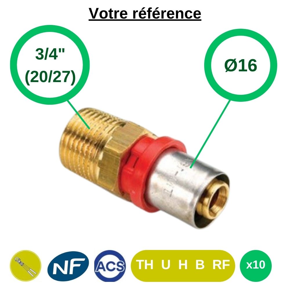 Lot de 10 raccords multicouche droits à sertir Ø16 - mâle 3/4'' (20/27) - Tiemme