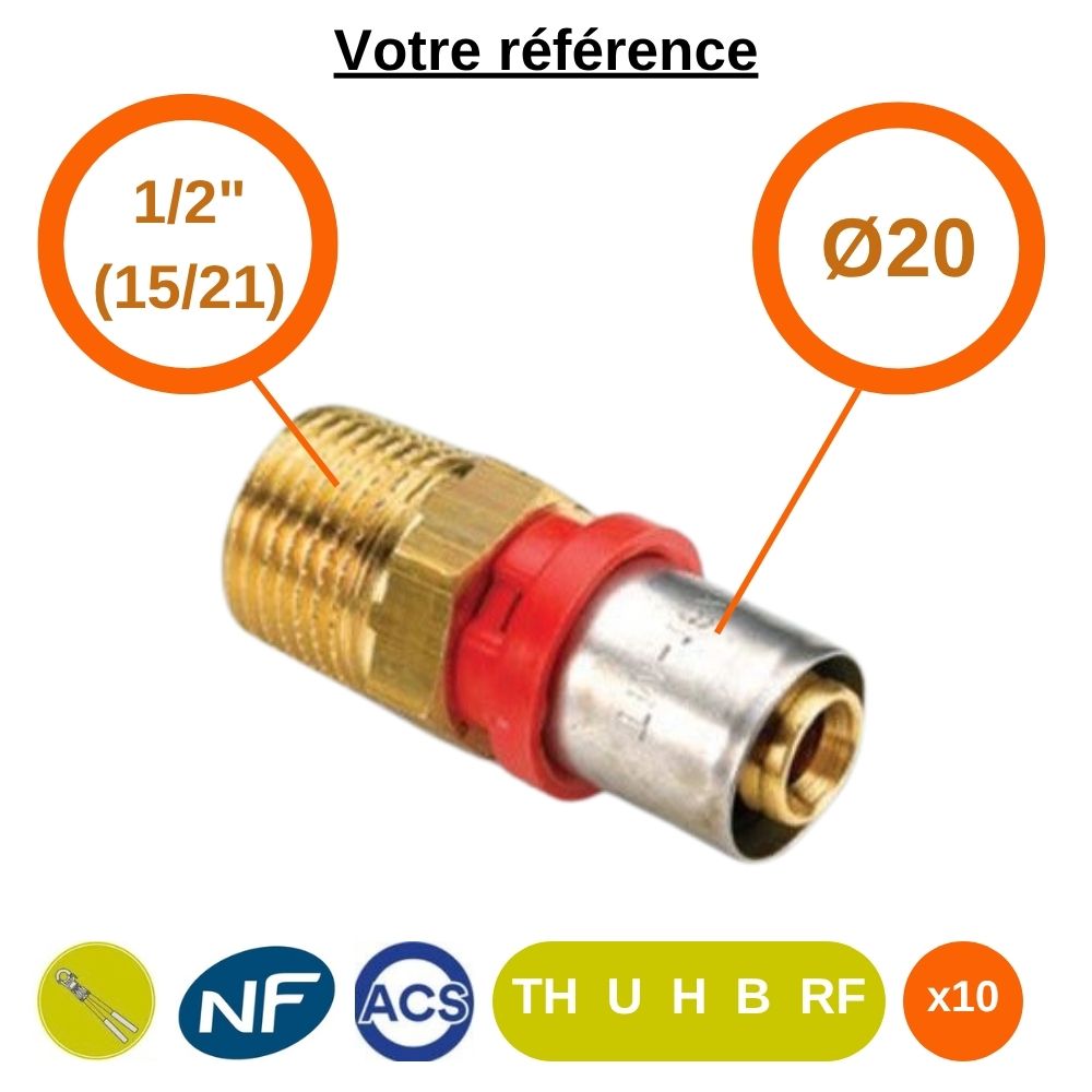 Lot de 10 raccords multicouche droits à sertir Ø20 - mâle 1/2'' (15/21) - Tiemme