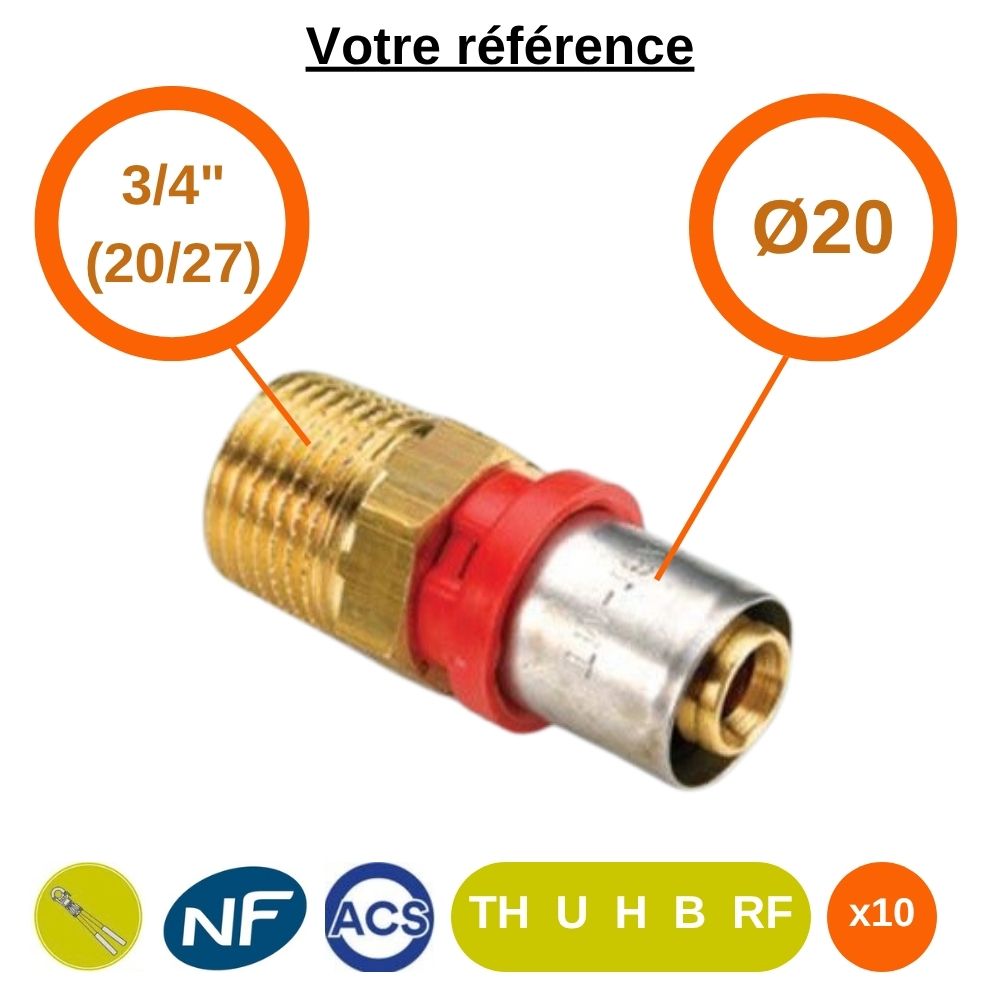 Lot de 10 raccords multicouche droits à sertir Ø20 - mâle 3/4'' (20/27) - Tiemme