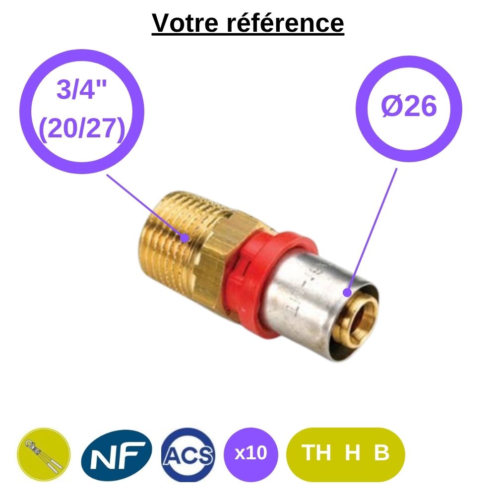 Lot de 10 raccords multicouche droits à sertir Ø26 - mâle 3/4'' (20/27) - Tiemme