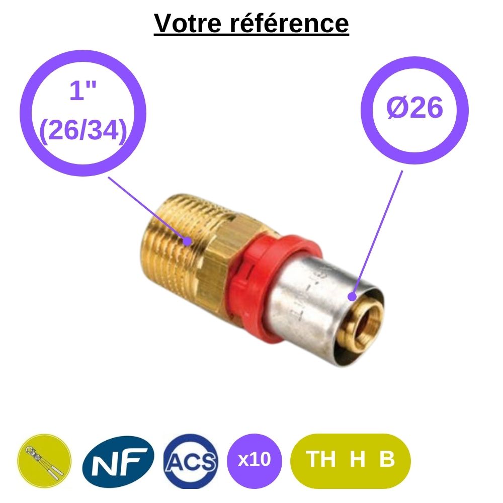 Lot de 10 raccords multicouche droits à sertir Ø26 - mâle 1'' (26/34) - Tiemme