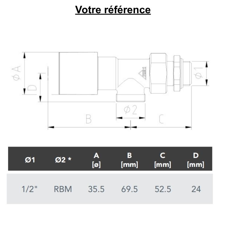 Robinet thermostatique pour radiateur eau chaude, équerre inversé mâle 1/2'' (15/21) - RBM