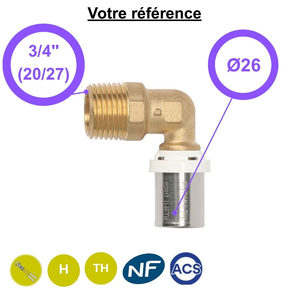 Coude mâle à sertir multicouche Ø26 - mâle 3/4'' (20/27) - Somatherm