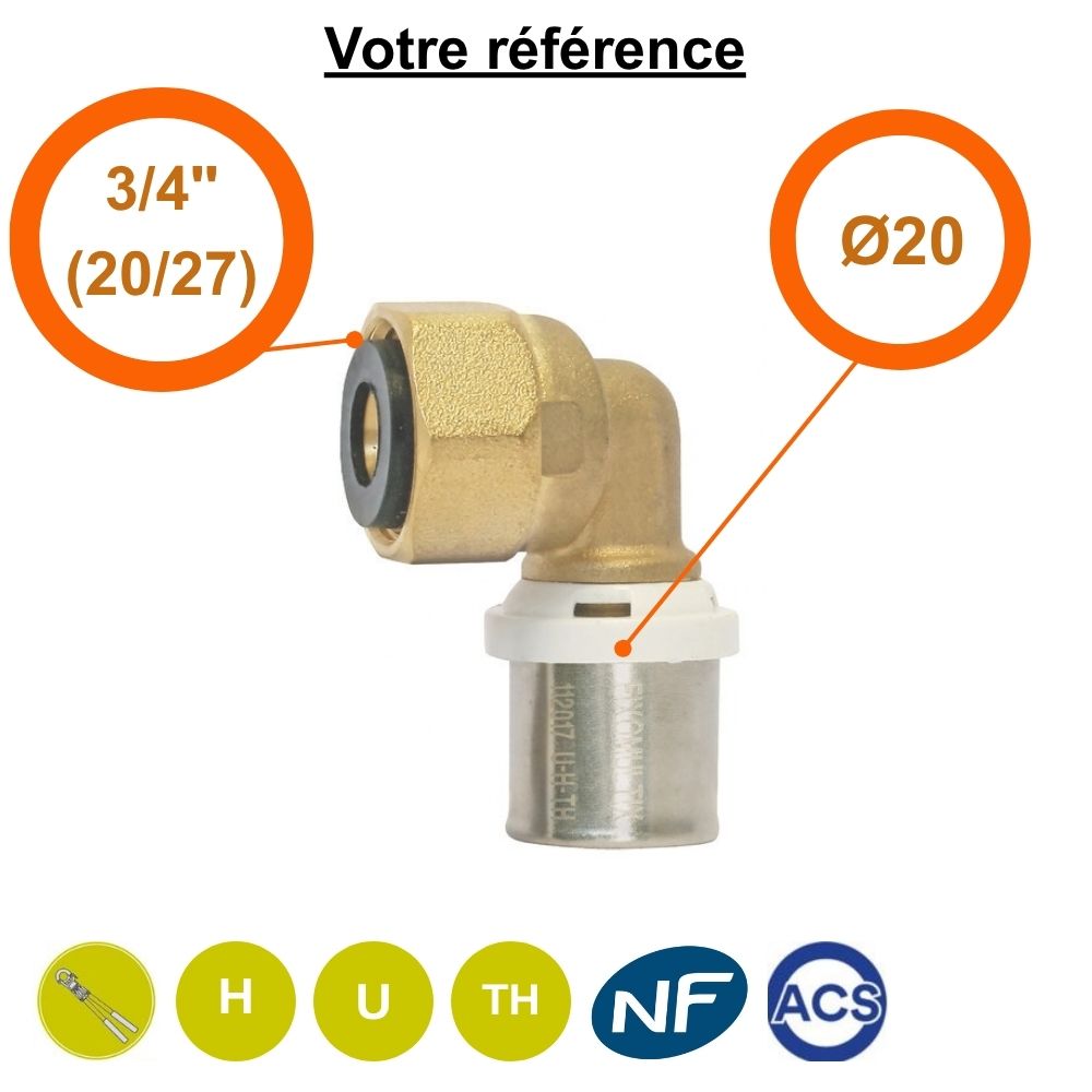 Coude femelle à sertir multicouche Ø20 - écrou tournant femelle 3/4'' (20/27) - Somatherm