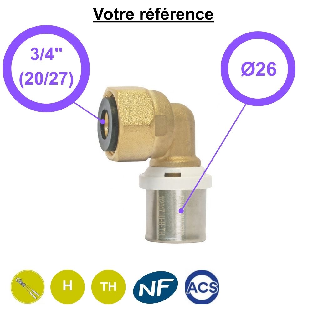Coude femelle à sertir multicouche Ø26 - écrou tournant femelle 3/4'' (20/27) - Somatherm