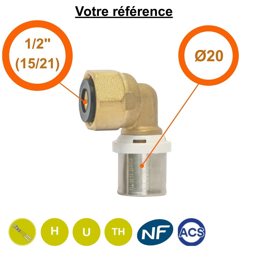 Coude femelle à sertir multicouche Ø20 - écrou tournant femelle 1/2'' (15/21) - Somatherm