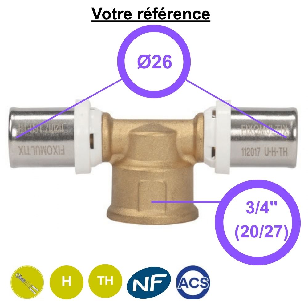 Té multicouche à sertir Ø26 et centre femelle 3/4'' (20/27) - Somatherm