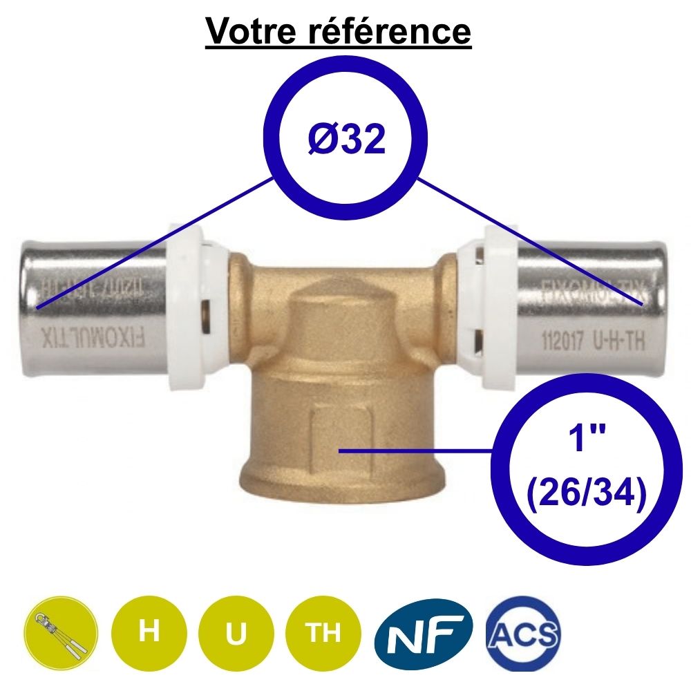 Té multicouche à sertir Ø32 et centre femelle 1'' (26/34) - Somatherm