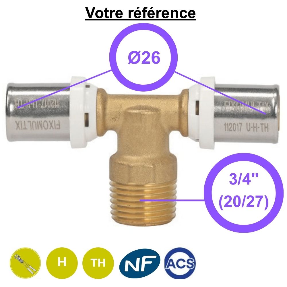 Té multicouche à sertir Ø26 et centre mâle 3/4'' (20/27) - Somatherm
