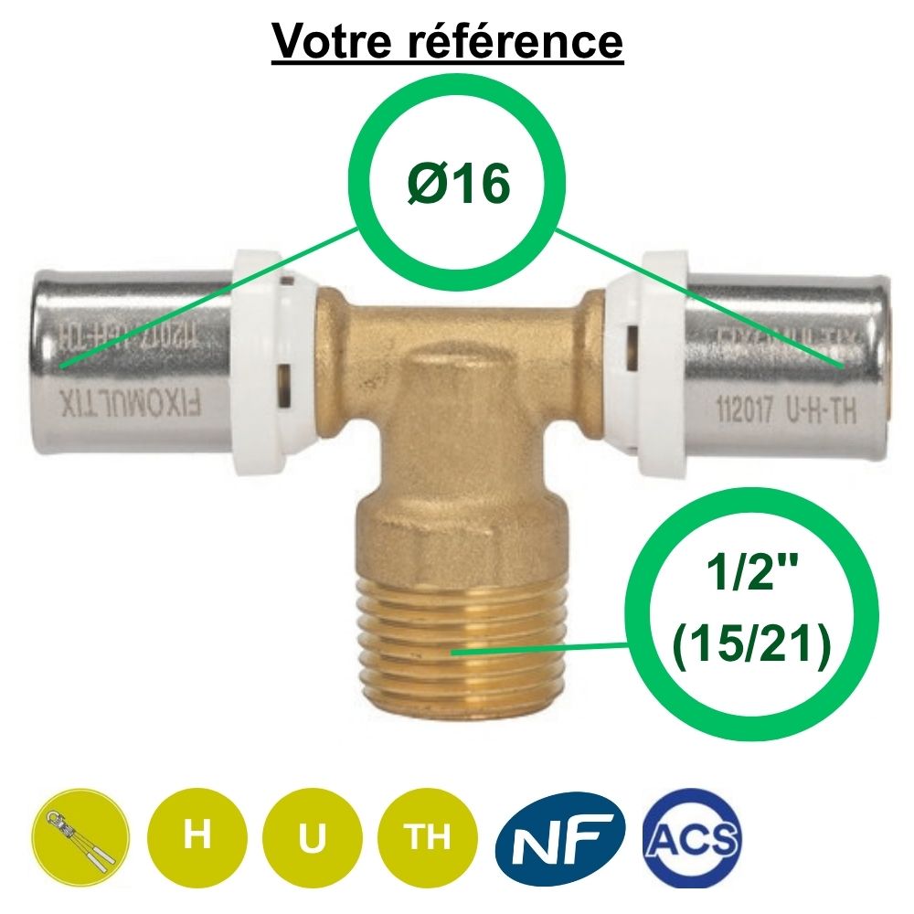 Té multicouche à sertir Ø16 et centre mâle 1/2'' (15/21) - Somatherm