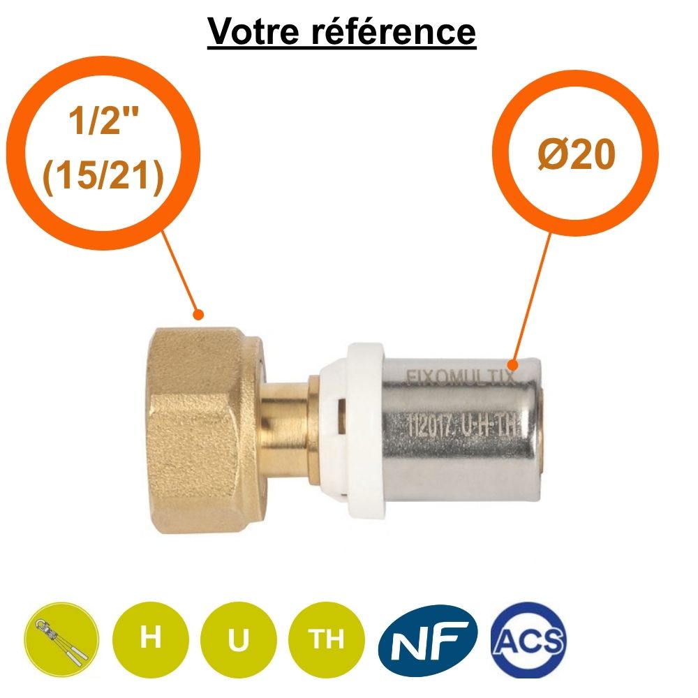 Raccord multicouche droit à sertir Ø20 - écrou tournant femelle 1/2'' (15/21) - Somatherm