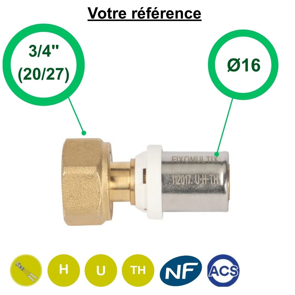 Raccord multicouche droit à sertir Ø16 - écrou tournant femelle 3/4'' (20/27) - Somatherm
