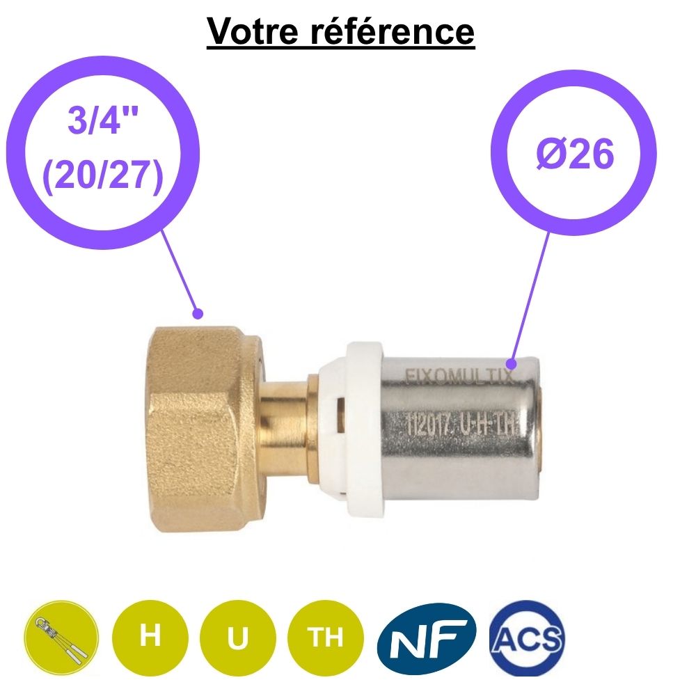 Raccord multicouche droit à sertir Ø26 - écrou tournant femelle 3/4'' (20/27) - Somatherm