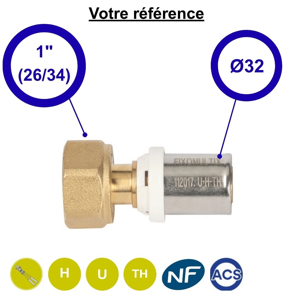 Raccord multicouche droit à sertir Ø32 - écrou tournant femelle 1'' (26/34) - Somatherm