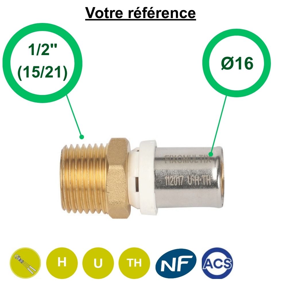 Raccord multicouche droit à sertir Ø16 - mâle 1/2'' (15/21) - Somatherm