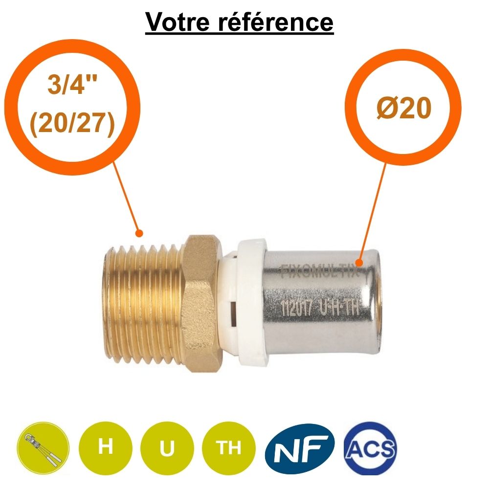Raccord multicouche droit à sertir Ø20 - mâle 3/4'' (20/27) - Somatherm