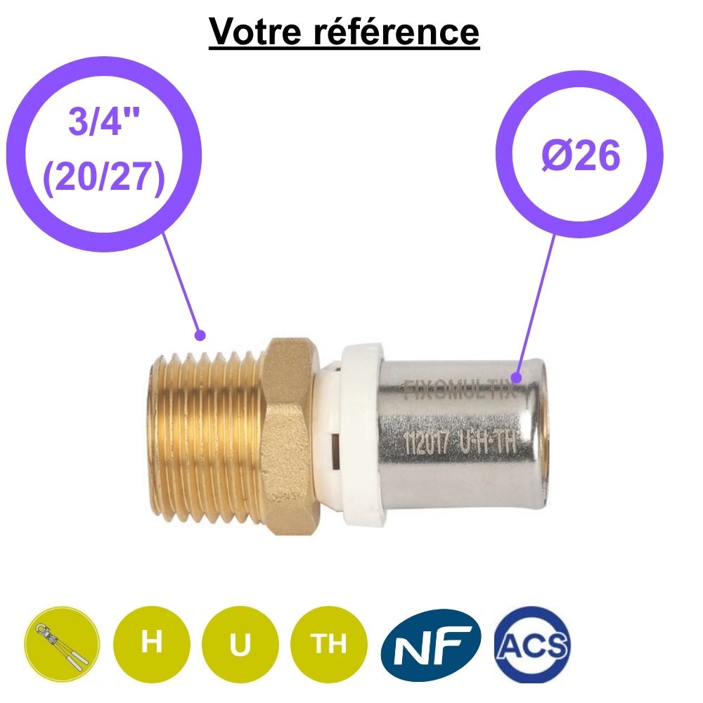 Raccord multicouche droit à sertir Ø26 - mâle 3/4'' (20/27) - Somatherm