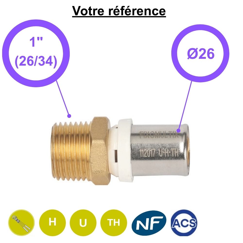 Raccord multicouche droit à sertir Ø26 - mâle 1'' (26/34) - Somatherm