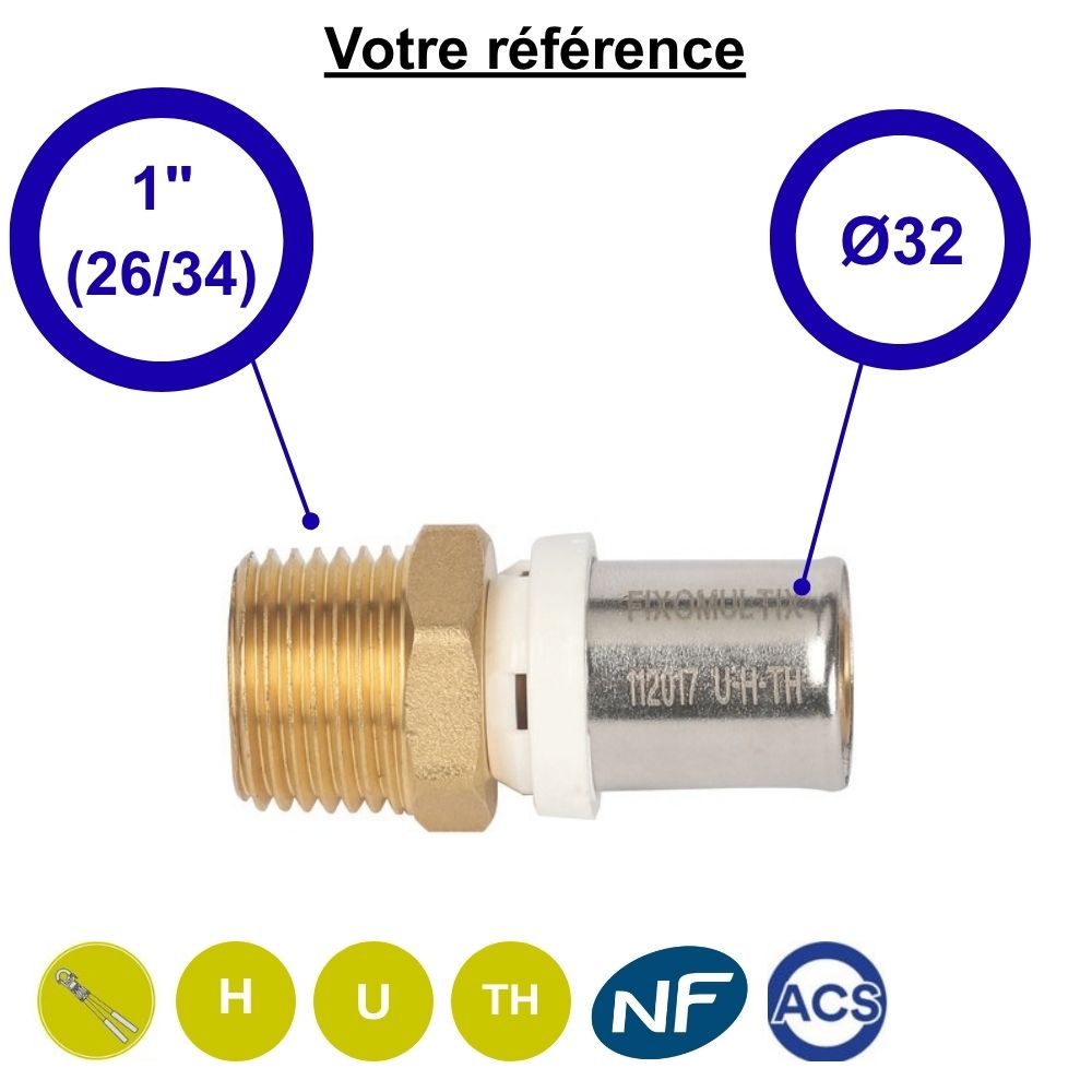 Raccord multicouche droit à sertir Ø32 - mâle 1'' (26/34)