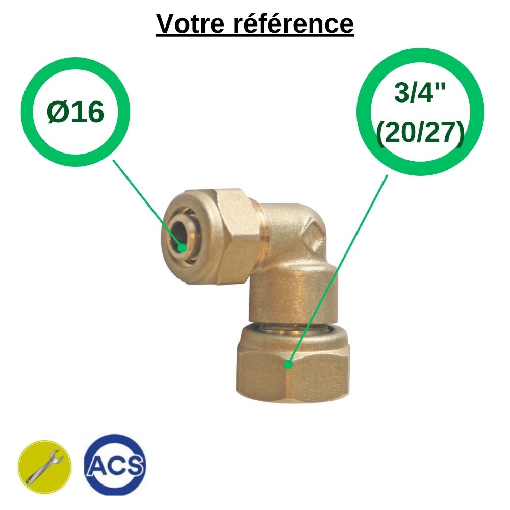 Coude femelle à compression PER Ø16 - écrou tournant femelle 3/4'' (20/27) - Somatherm