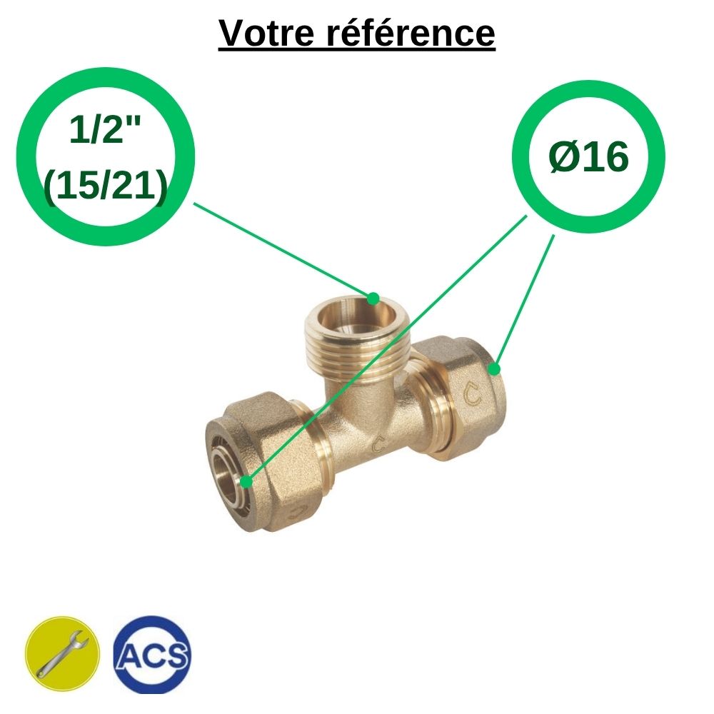 Té PER à compression Ø16 et centre mâle 1/2'' (15/21) - Somatherm