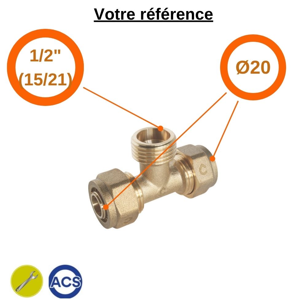 Té PER à compression Ø20 et centre mâle 1/2'' (15/21) - Somatherm