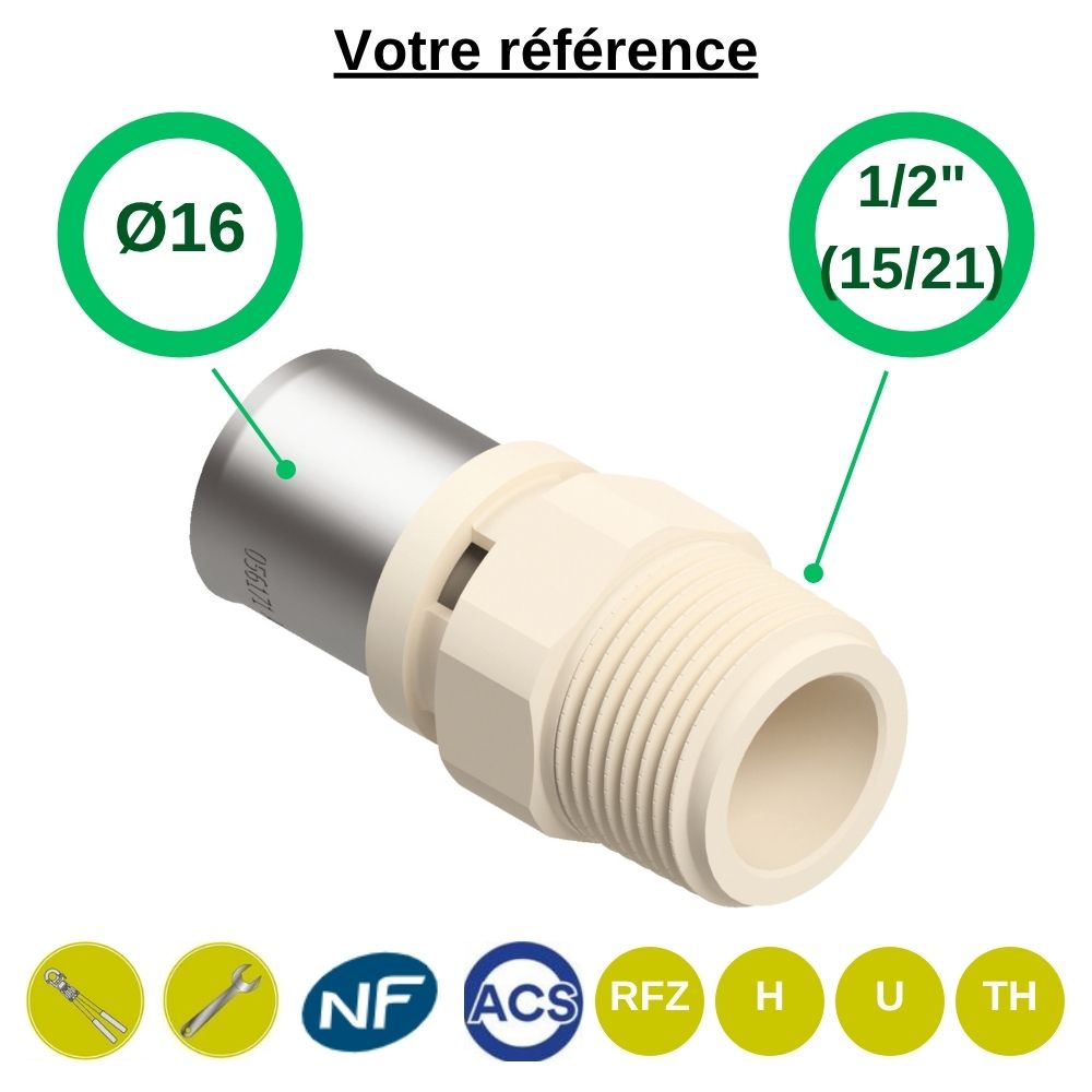 Raccord multicouche droit à sertir Ø16 - mâle 1/2'' (15/21) - Fixomultix