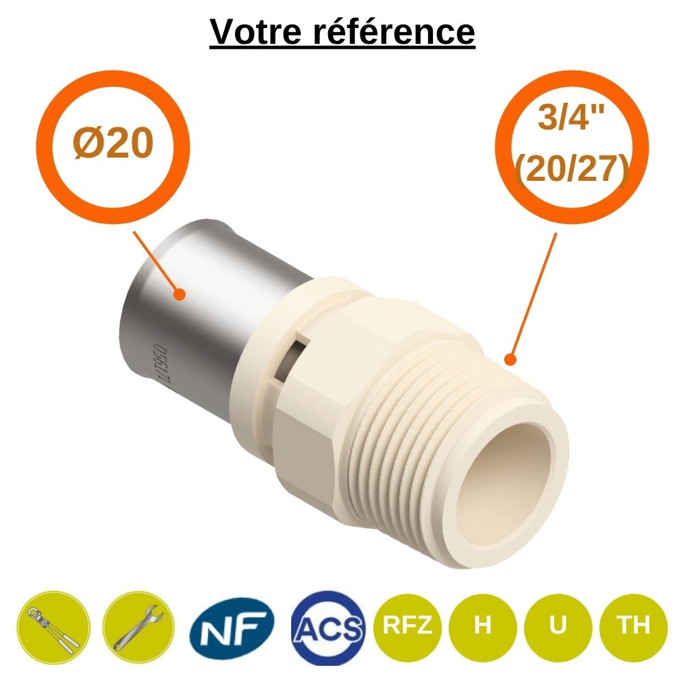 Raccord multicouche droit à sertir Ø20 - mâle 3/4'' (20/27) - Fixomultix