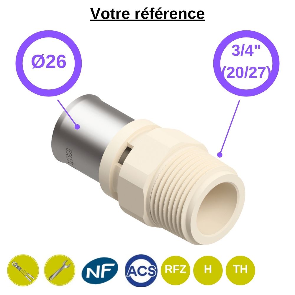 Raccord multicouche droit à sertir Ø26 - mâle 3/4'' (20/27) - Fixomultix