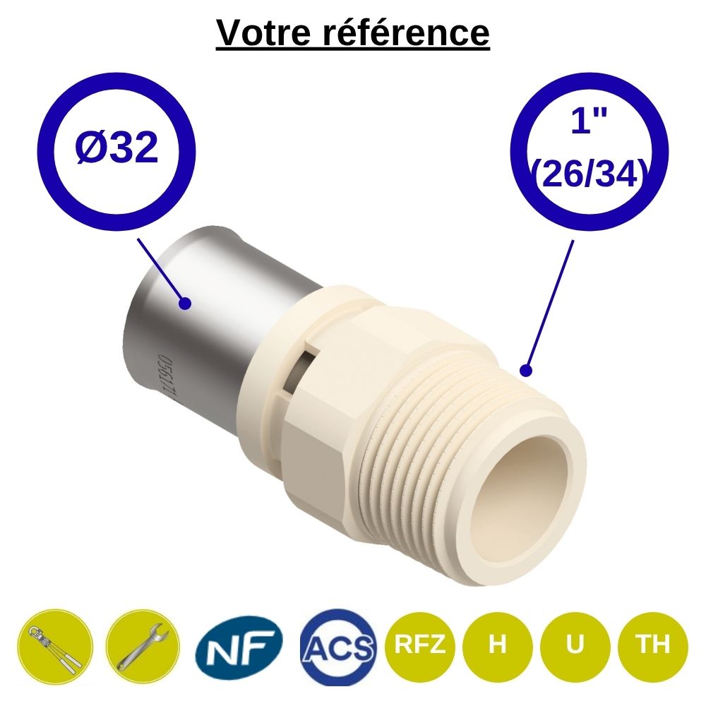 Raccord multicouche droit à sertir Ø32 - mâle 1'' (26/34) - Fixomultix