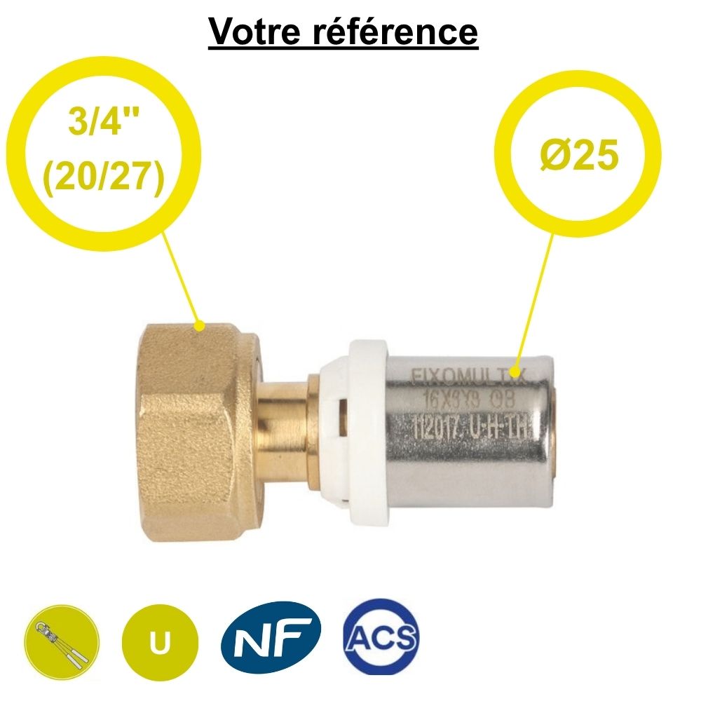 Raccord multicouche droit à sertir Ø25 - écrou tournant femelle 3/4'' (20/27) - Somatherm