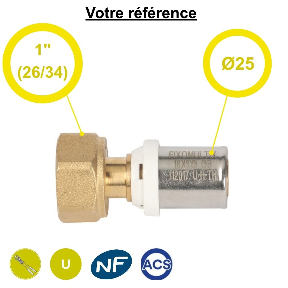 Raccord multicouche droit à sertir Ø25 - écrou tournant femelle 1'' (26/34)